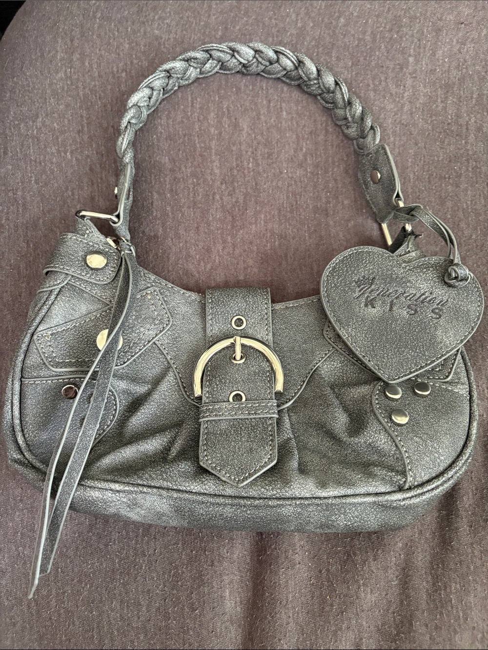 Dolls Kill Metallic Silver Braided Handle Shoulder Bag with Heart Charm